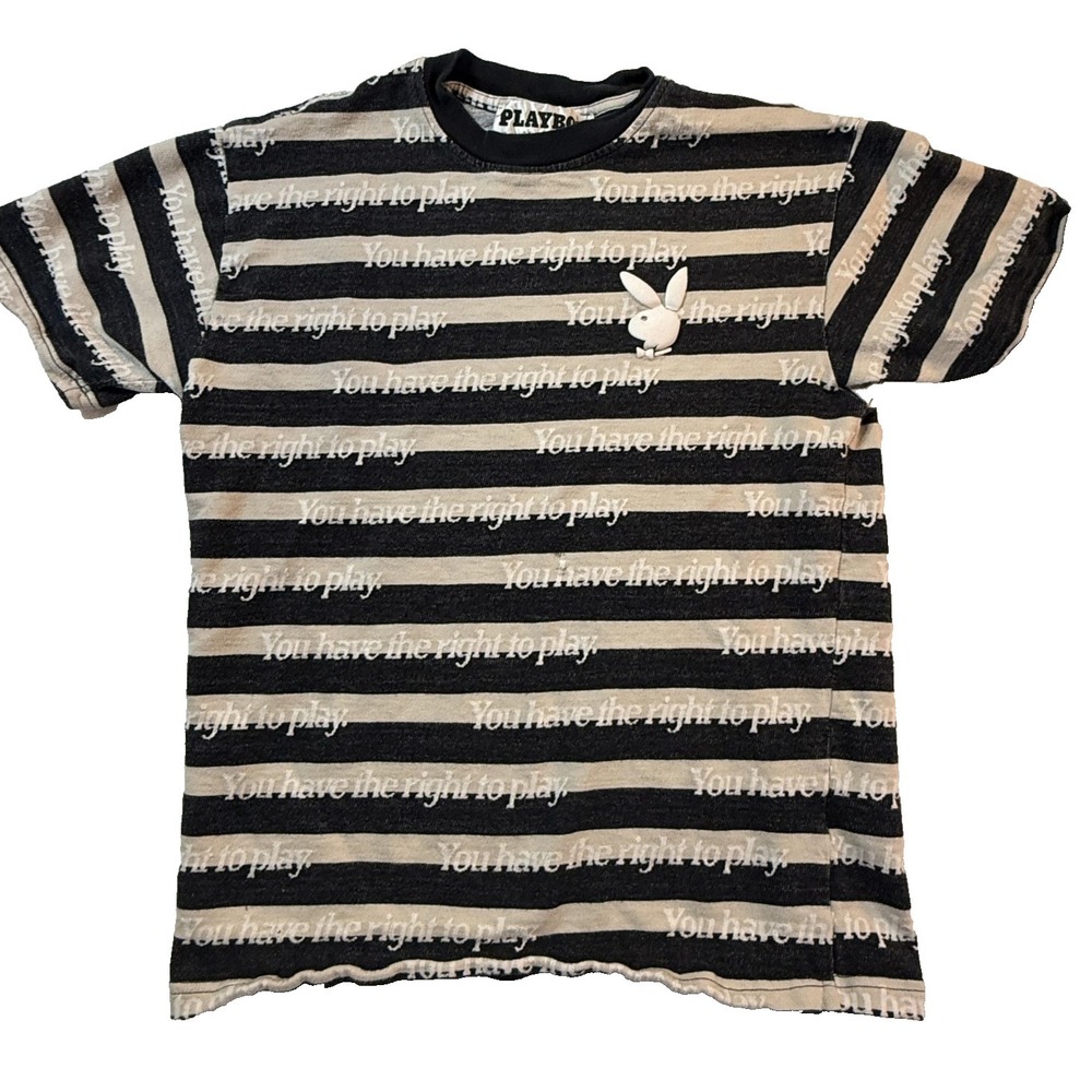 Playboy‎ PacSun TShirt Mens SM Black Stripe You Have The Right To Play Bunny Y2K